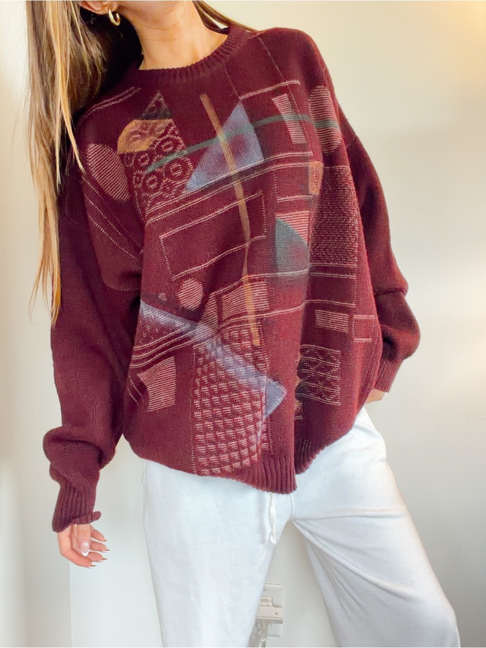 Vintage Maroon abstract maroon wool blend Knit Sweater Size XL